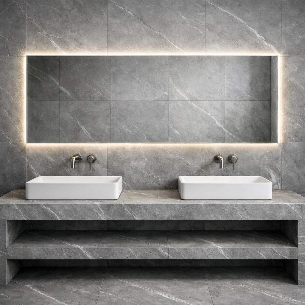 Salle de bain rénovée avec double vasque et finitions haut de gamme